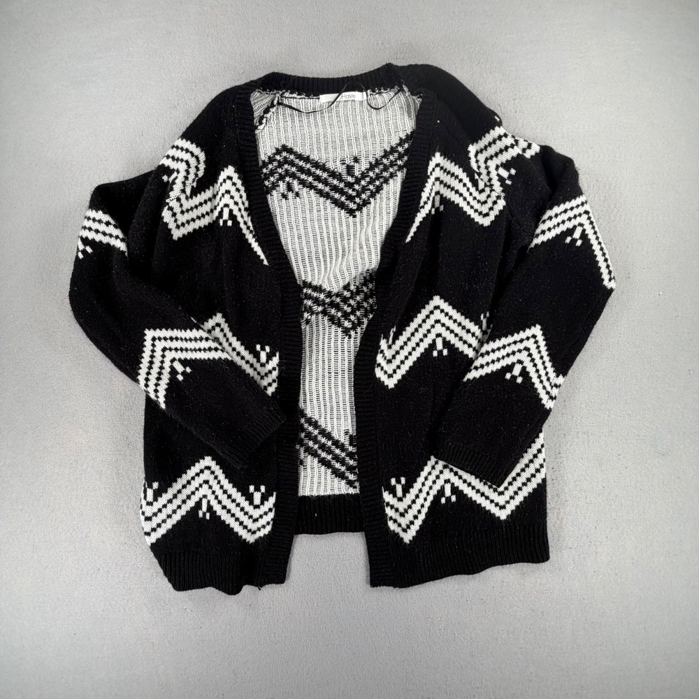 Women's L Black White Chevron Geometric Open Front Knit Cardigan Sweater Boho
